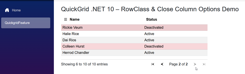.NET 10 QuickGrid: Row Styling Example