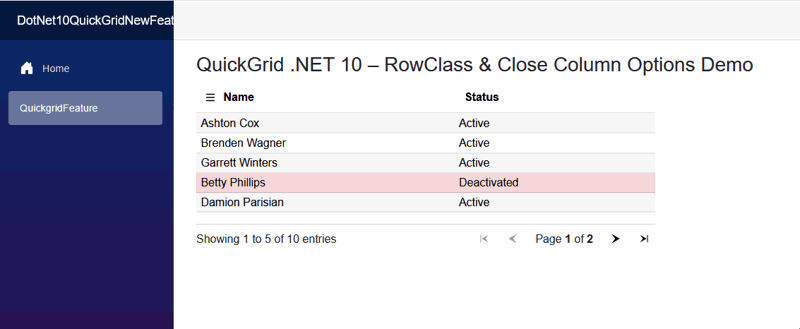 .NET 10 QuickGrid: Column Options Example