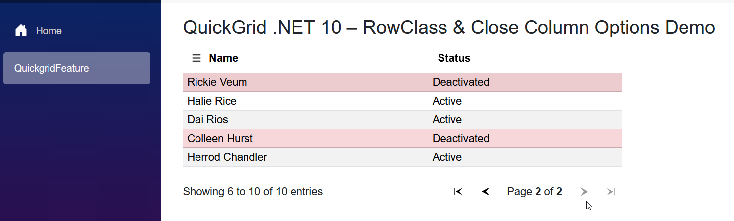 .NET 10 QuickGrid: Row Styling Example