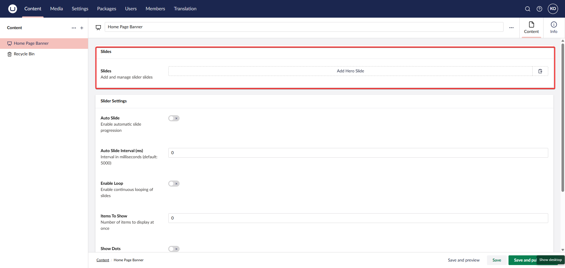 Add slides to the created HeroSlider document